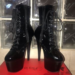 Pleaser lace up, black,vegan patent leather, heels.